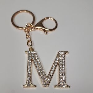 Letter M Initial M Alphabet M Rhinestone Gold Key Chain Bag Charm